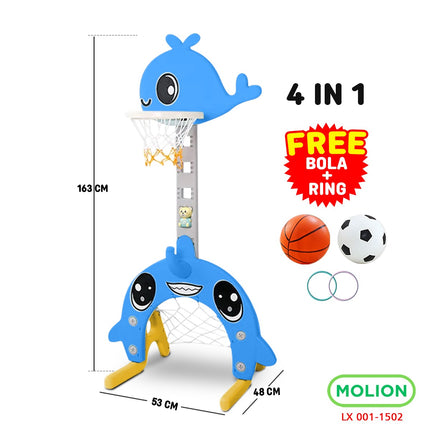SNI Kids' 4-in-1 Basketball Hoop Toy, Kids' Soccer Goal, Educational Whale Model Basketball Stand 001-M1502