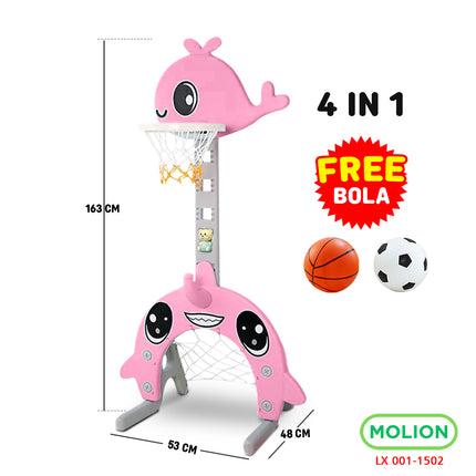 SNI Kids' 4-in-1 Basketball Hoop Toy, Kids' Soccer Goal, Educational Whale Model Basketball Stand 001-M1502
