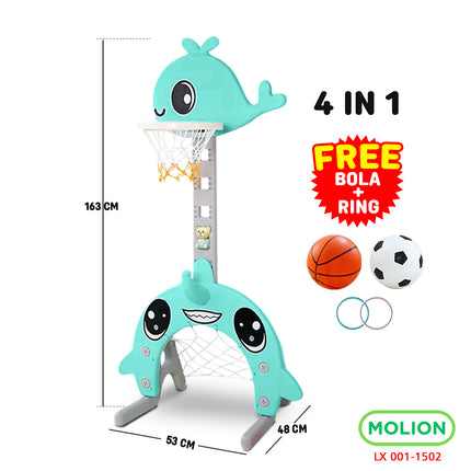 SNI Kids' 4-in-1 Basketball Hoop Toy, Kids' Soccer Goal, Educational Whale Model Basketball Stand 001-M1502