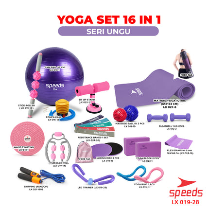 SPEEDS Peralatan Yoga 16 item Alat Yoga 1 Set 16in1 Skipping Gym Ball Sit Up Stand Yoga Mat 019-28