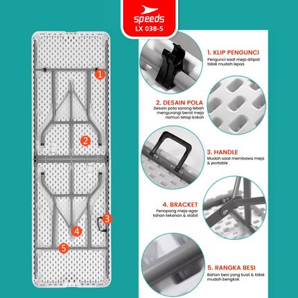 SPEEDS Meja Lipat Folding Table 244x75x74cm HDPE Indoor Outdoor Piknik Pameran Serbaguna Besar Meja Makan 038-5