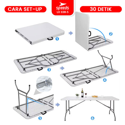 SPEEDS Meja Lipat Folding Table 244x75x74cm HDPE Indoor Outdoor Piknik Pameran Serbaguna Besar Meja Makan 038-5