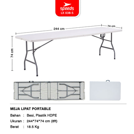 SPEEDS Meja Lipat Folding Table 244x75x74cm HDPE Indoor Outdoor Piknik Pameran Serbaguna Besar Meja Makan 038-5