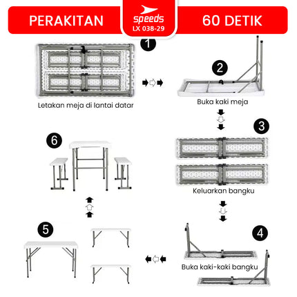 SPEEDS Meja Lipat Plastik SET 113x62x71cm Folding Table Indoor Outdoor Piknik Pameran Jualan Besar Meja Makan 038-29