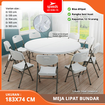 SPEEDS Meja Lipat Plastik 183x183x74cm Folding Table Lingkaran Indoor Outdoor Piknik Serbaguna Besar Meja Makan 038-15