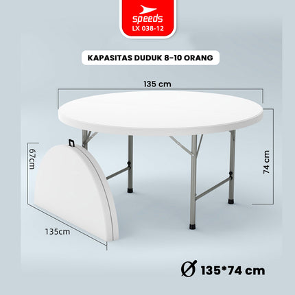 SPEEDS Meja Lipat Plastik 183x183x74cm Folding Table Lingkaran Indoor Outdoor Piknik Serbaguna Besar Meja Makan 038-15