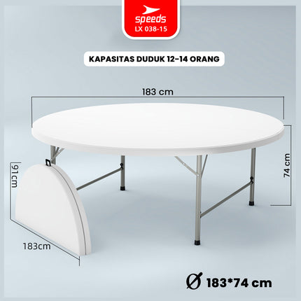 SPEEDS Meja Lipat Plastik 183x183x74cm Folding Table Lingkaran Indoor Outdoor Piknik Serbaguna Besar Meja Makan 038-15