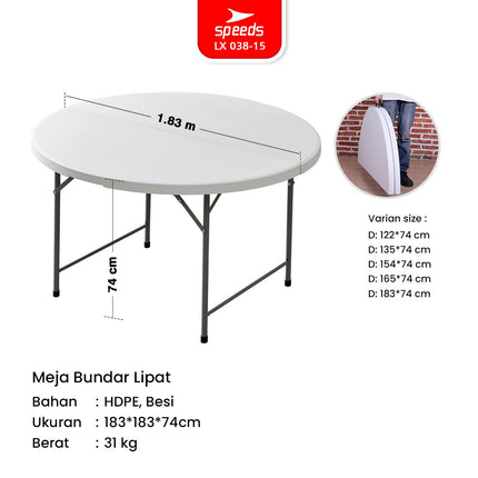 SPEEDS Meja Lipat Plastik 183x183x74cm Folding Table Lingkaran Indoor Outdoor Piknik Serbaguna Besar Meja Makan 038-15